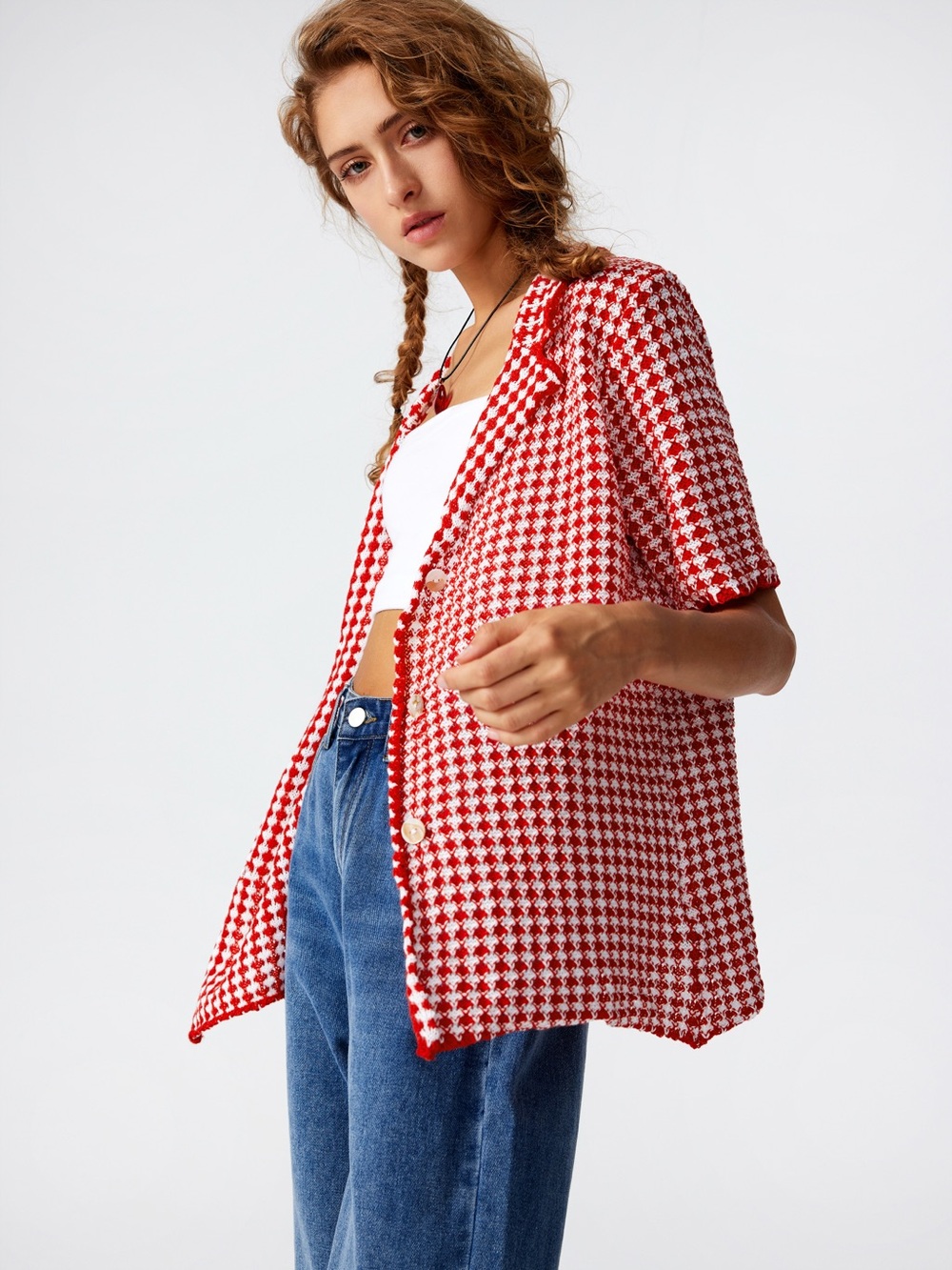 Cider Red & White Houndstooth Short-Sleeve Cardigan
